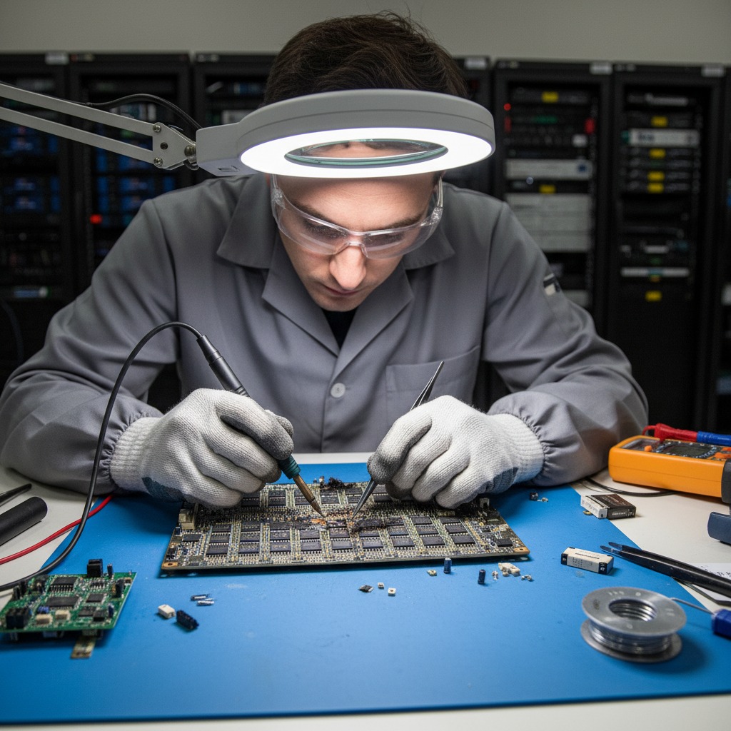 Técnico de eletrônica usando óculos de proteção e luvas solda uma placa de circuito sob uma luminária com lupa.