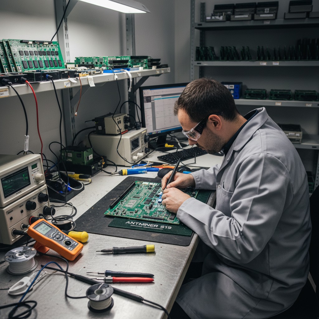 Técnico de eletrônica usando óculos de proteção enquanto solda uma placa de circuito em uma bancada de trabalho.