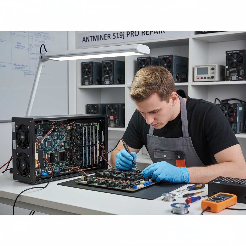 Técnico de manutenção usando luvas azuis para soldar uma placa de circuito de um minerador de criptomoedas em uma bancada de trabalho.