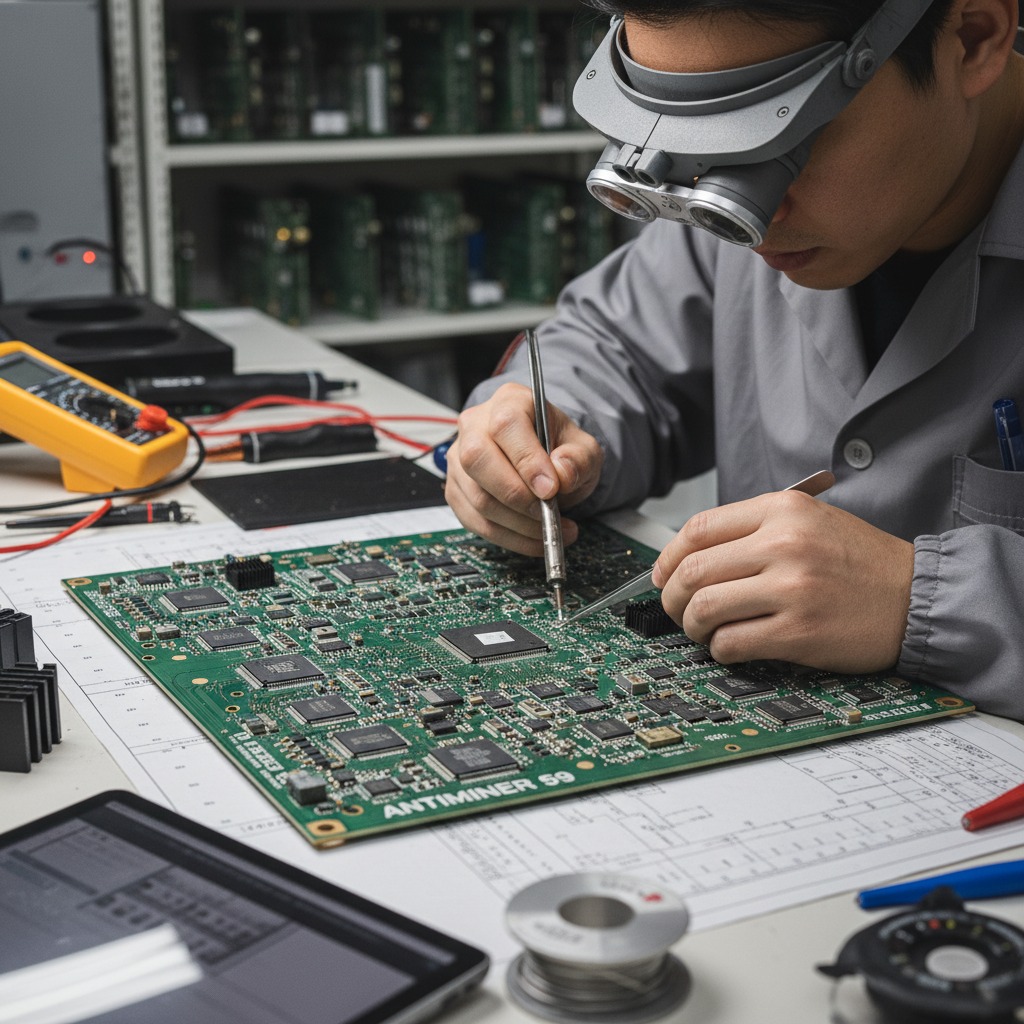 Técnico utiliza lupa de cabeça e ferro de solda para reparar uma placa de circuito impresso em uma bancada de eletrônica.